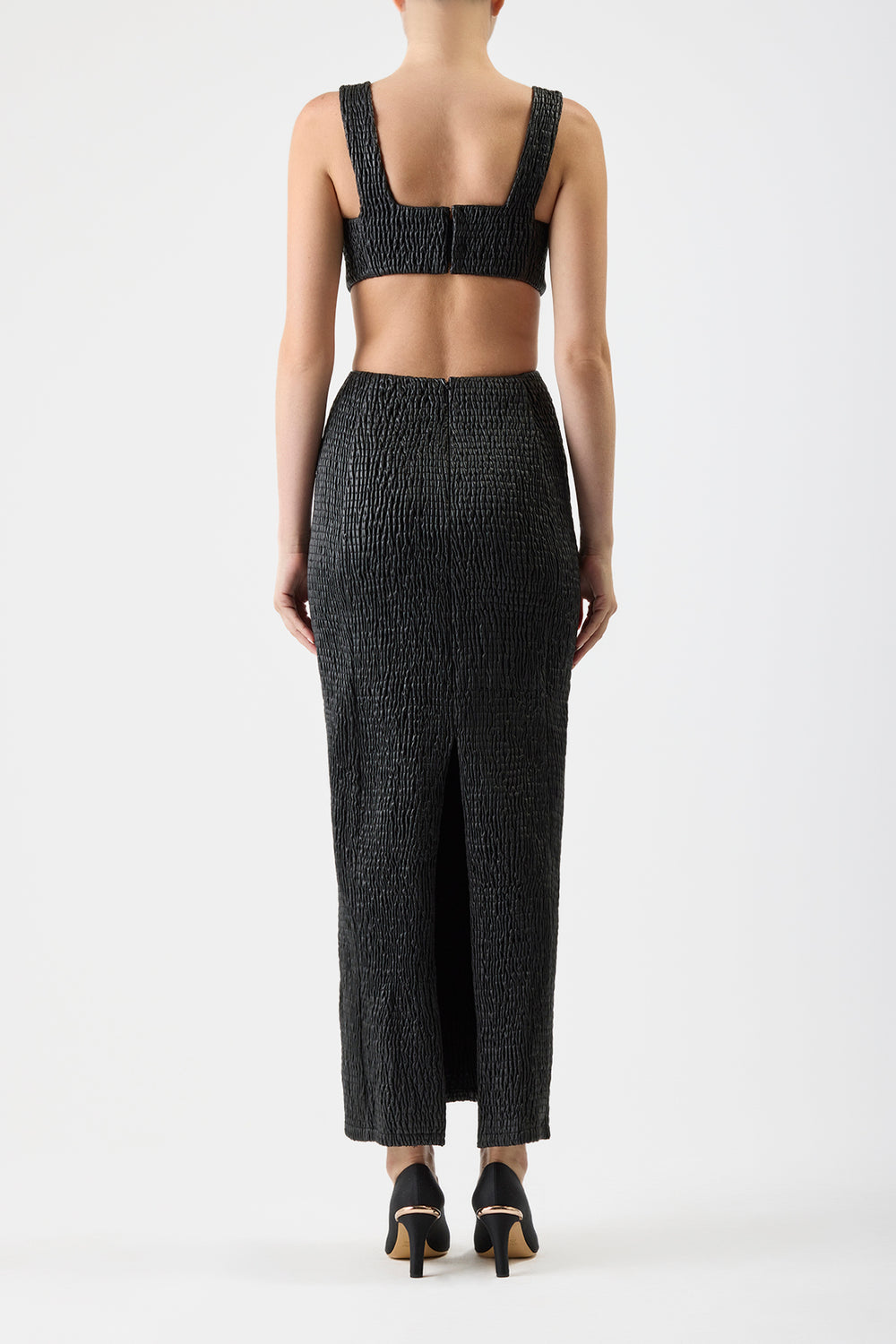 Gal Shirred Maxi Dress with Lining in Black Nappa Leather