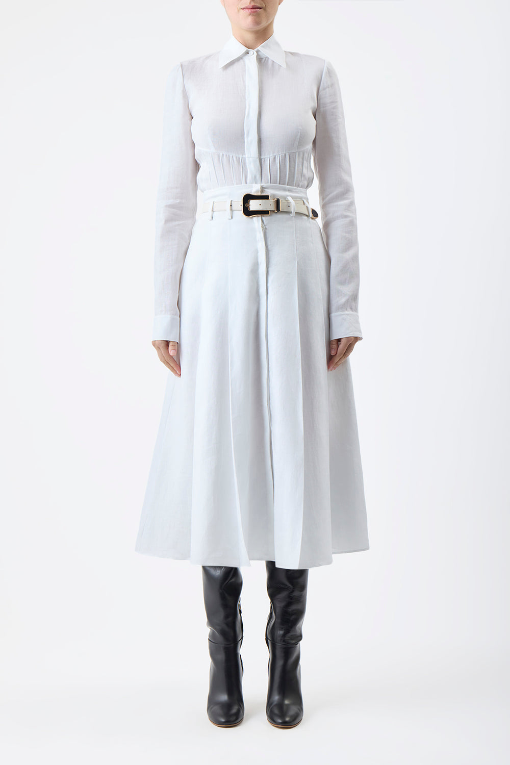 Dugald Pleated Midi Skirt in White Aloe Linen