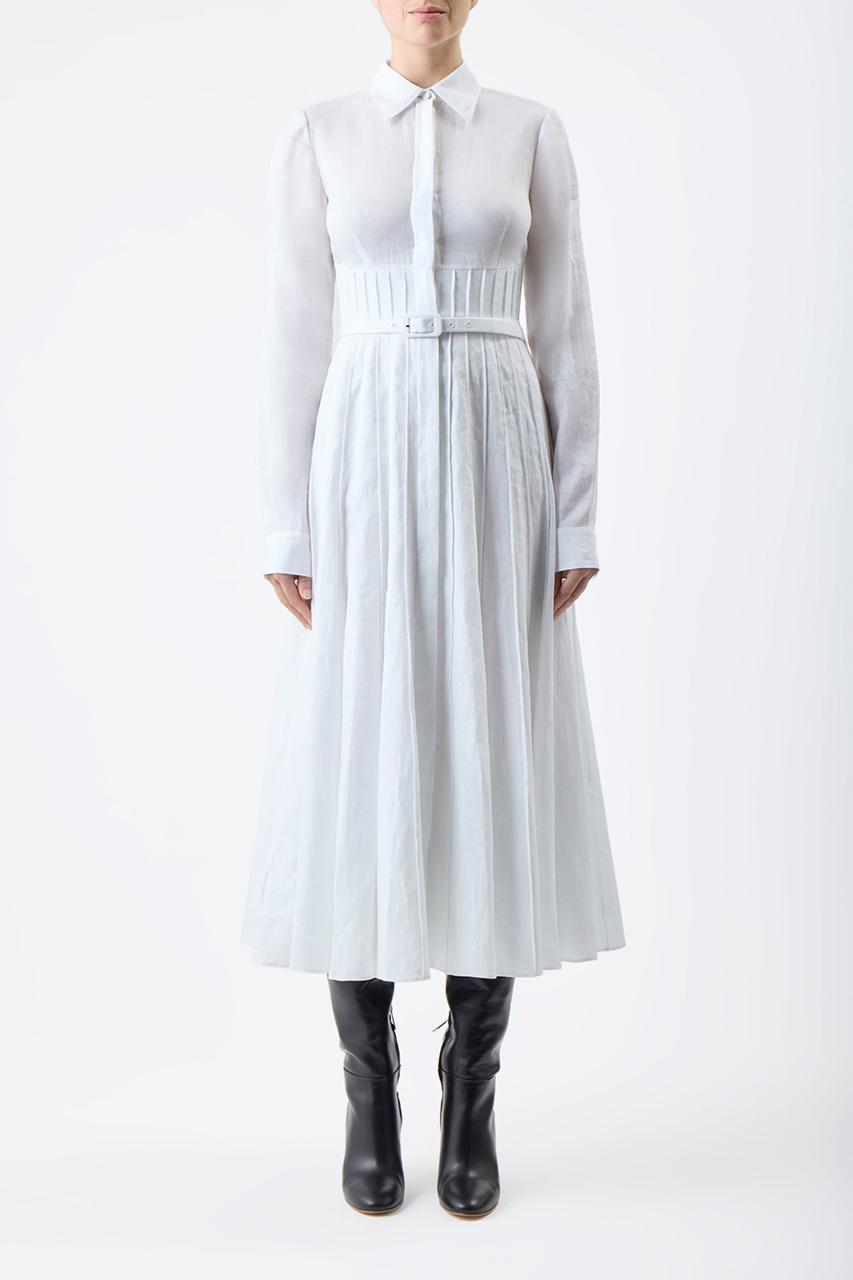 Dewi Pleated Dress in White Aloe Linen