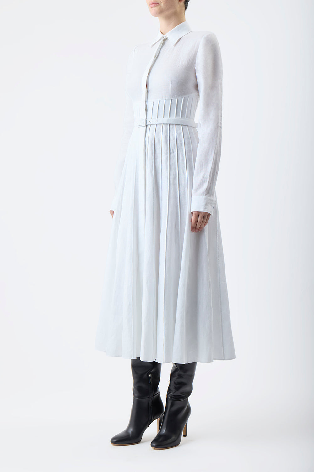 Dewi Pleated Maxi Shirtdress in White Aloe Linen