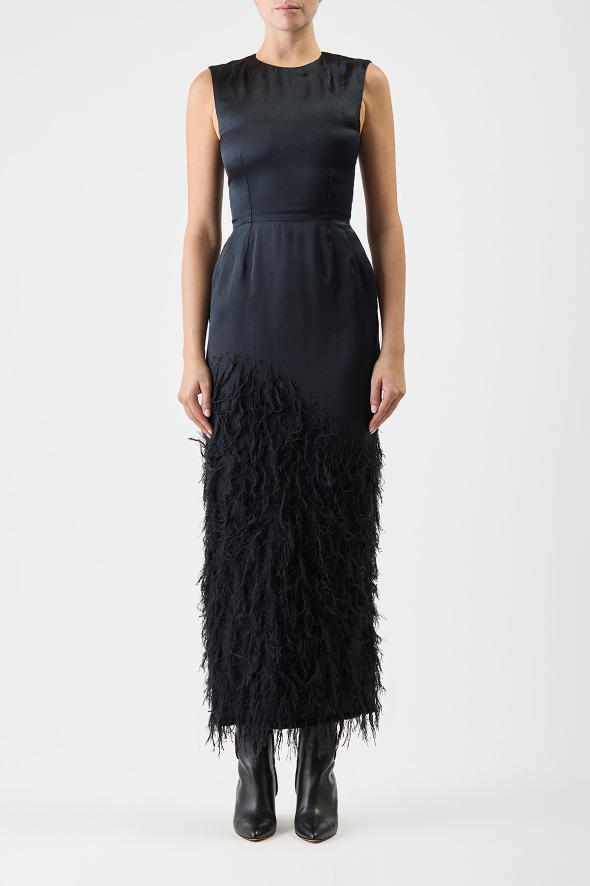 Maslow Feather Dress in Black Silk Satin