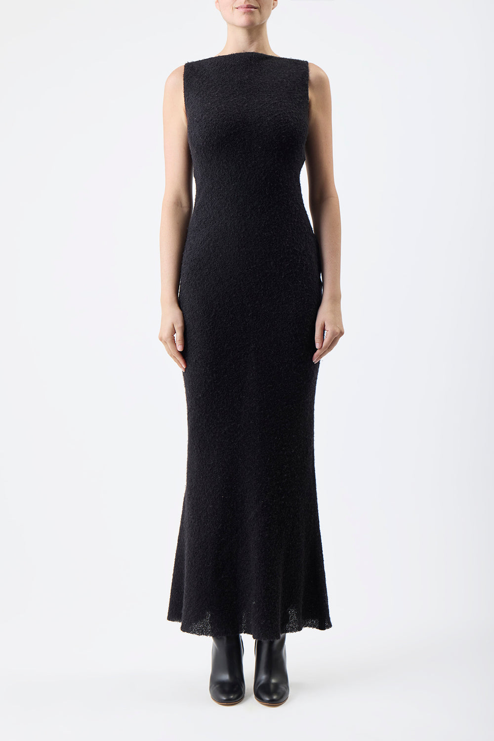 Seren Maxi Dress in Black Silk Cashgora Boucle Gauze
