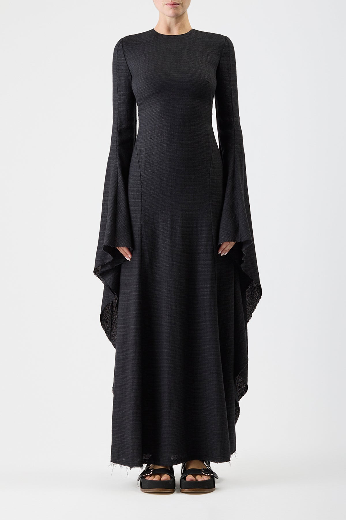 Sigrud Draped Dress in Black Wool Silk Gauze