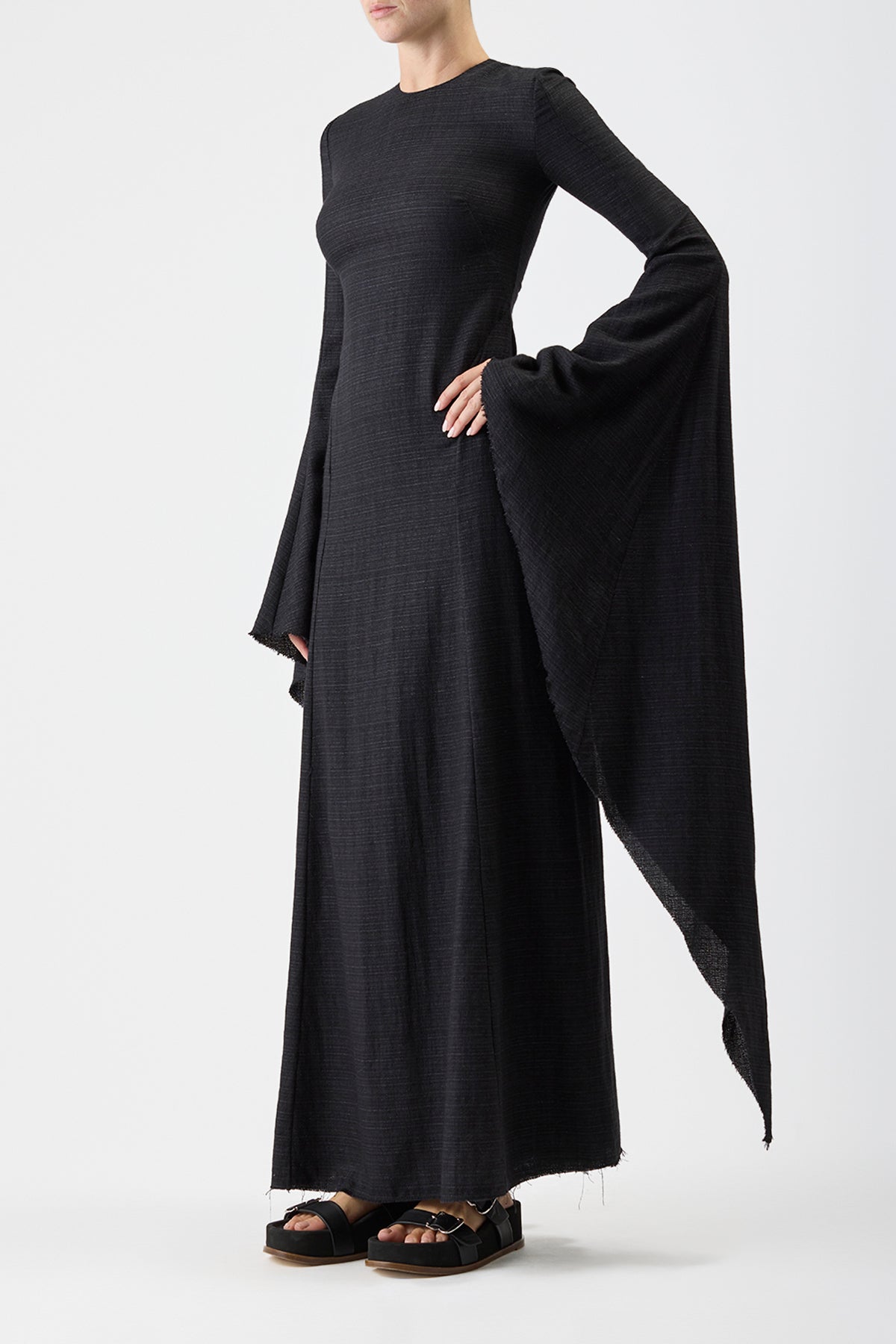 Sigrud Draped Dress in Black Wool Silk Gauze