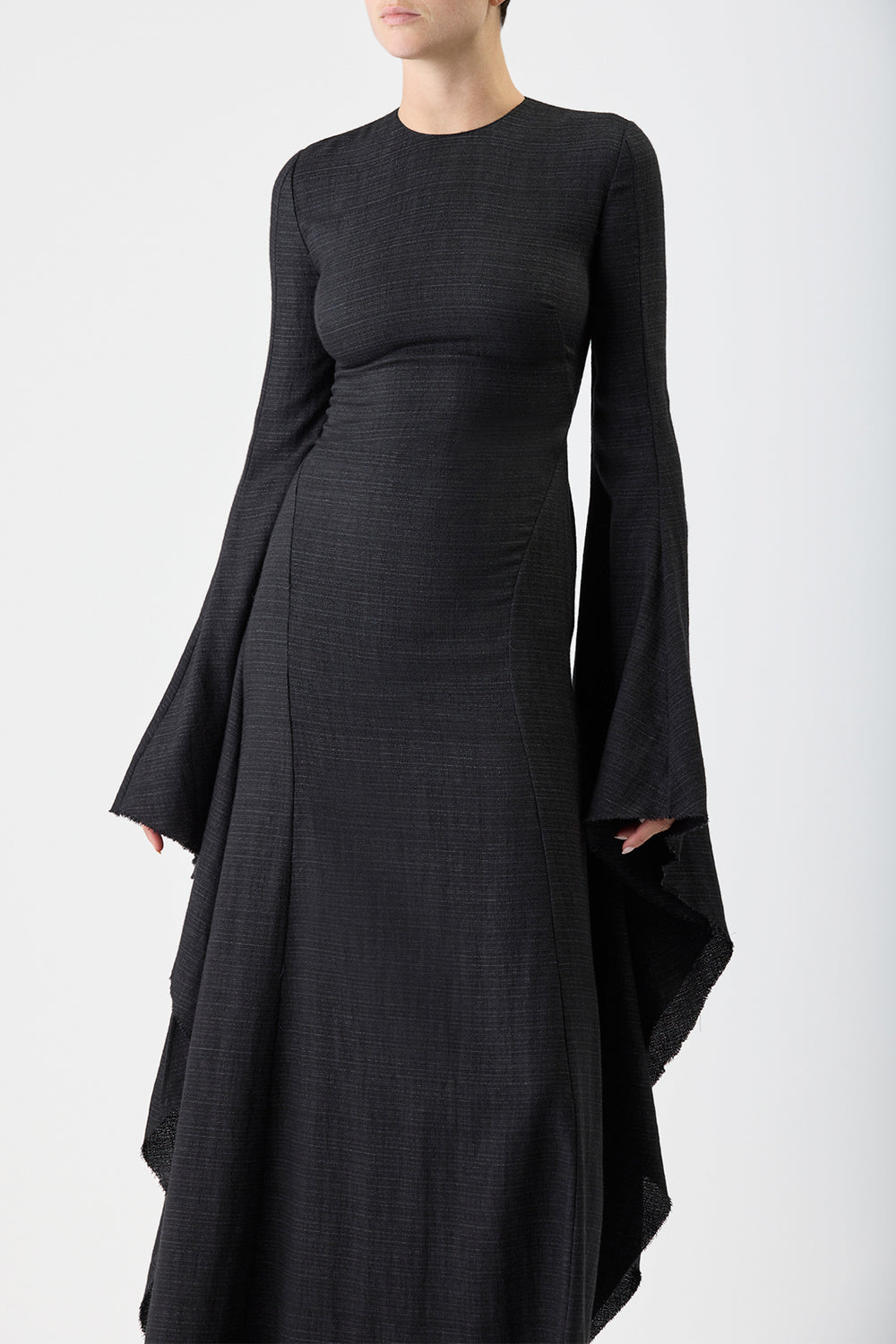 Sigrud Draped Maxi Dress in Black Wool Silk Gauze