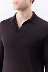 Frome Knit Long Sleeve Polo in Chocolate Cashmere