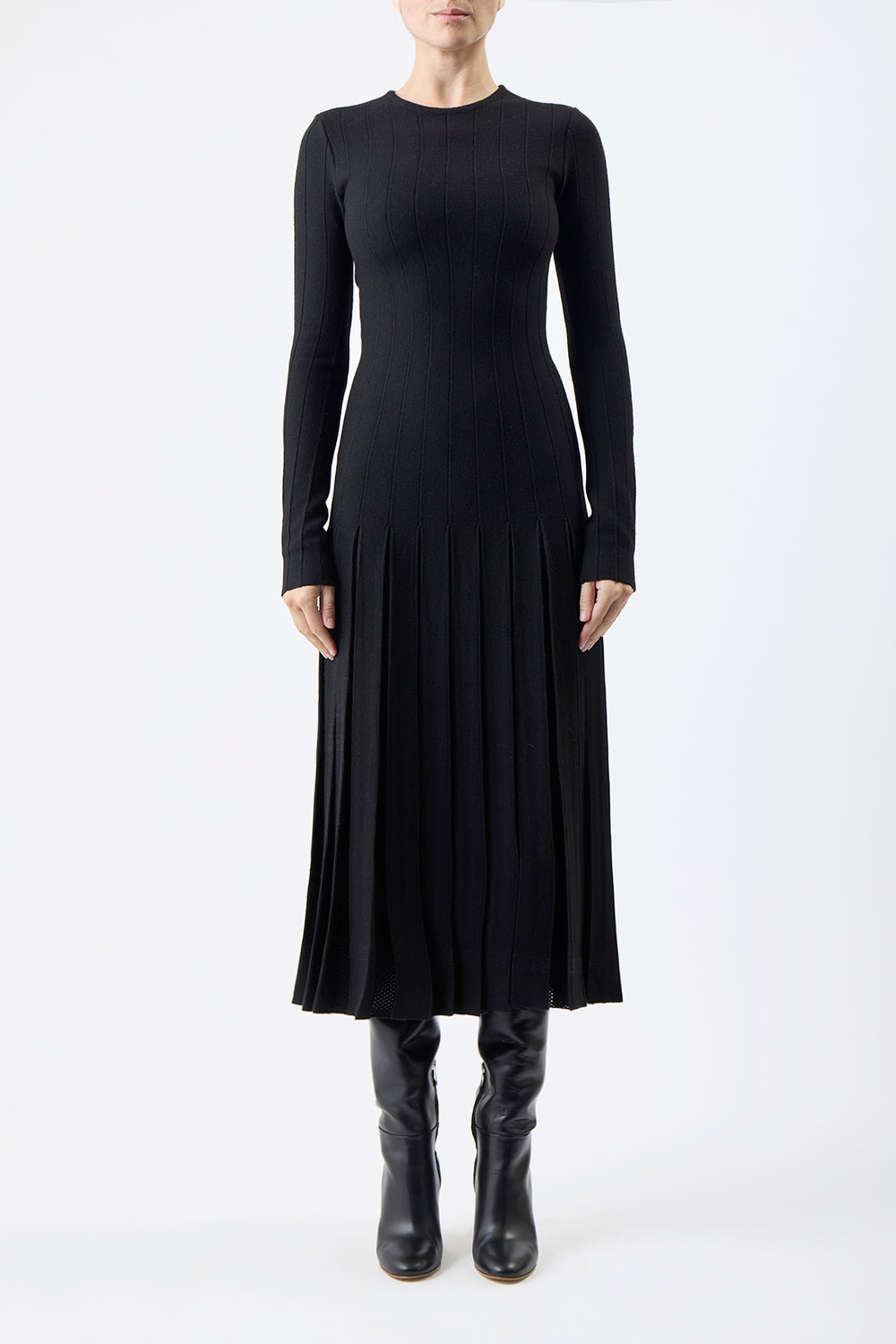 Walsh Knit Pleated Maxi Dress in Black Wool