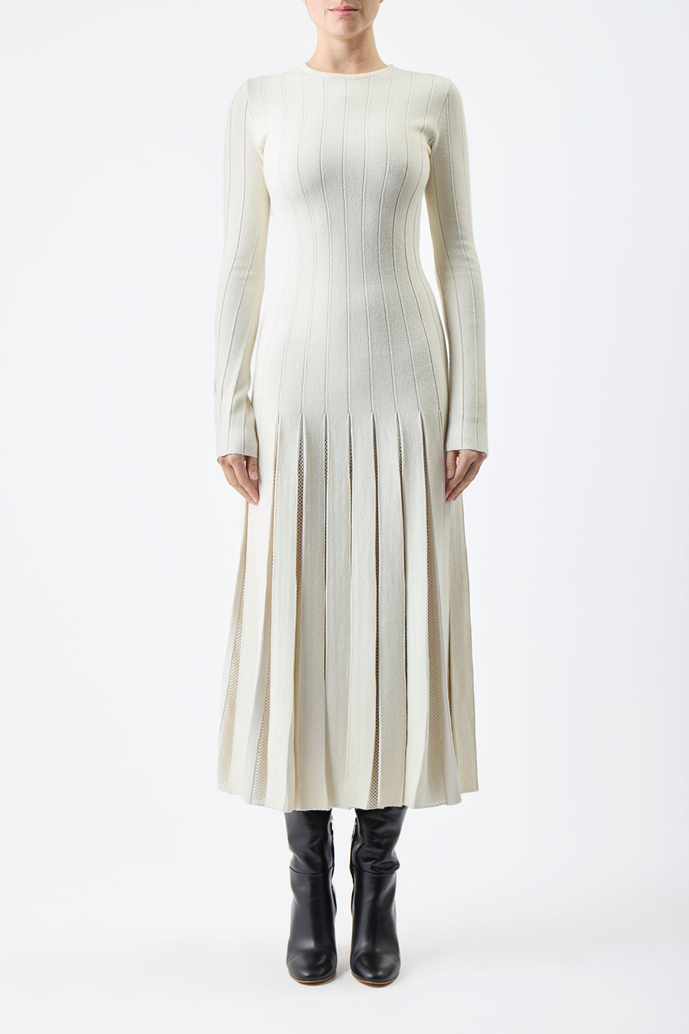 Walsh Knit Maxi Pleated Dress in Ivory Wool