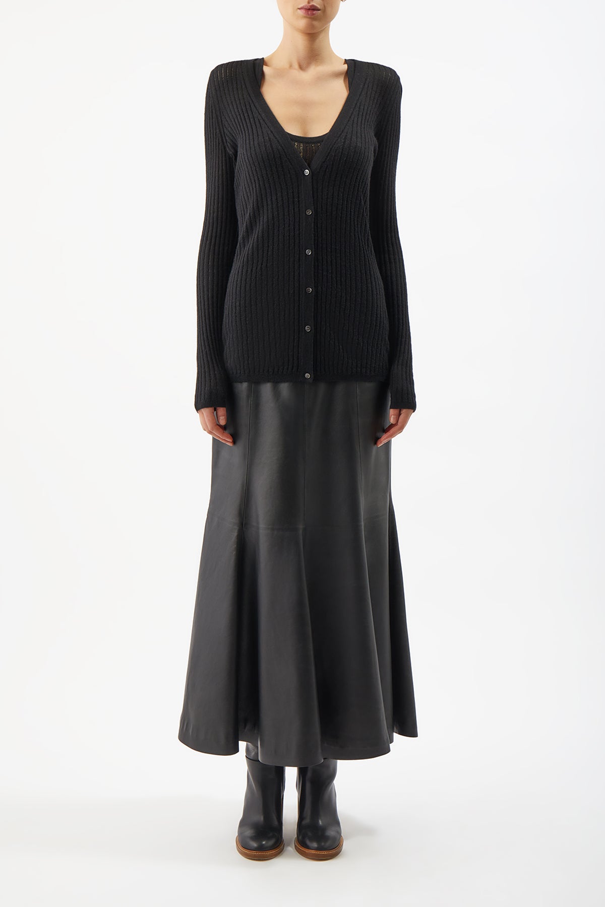 Emma Pointelle Knit Cardigan in Black Cashmere Silk