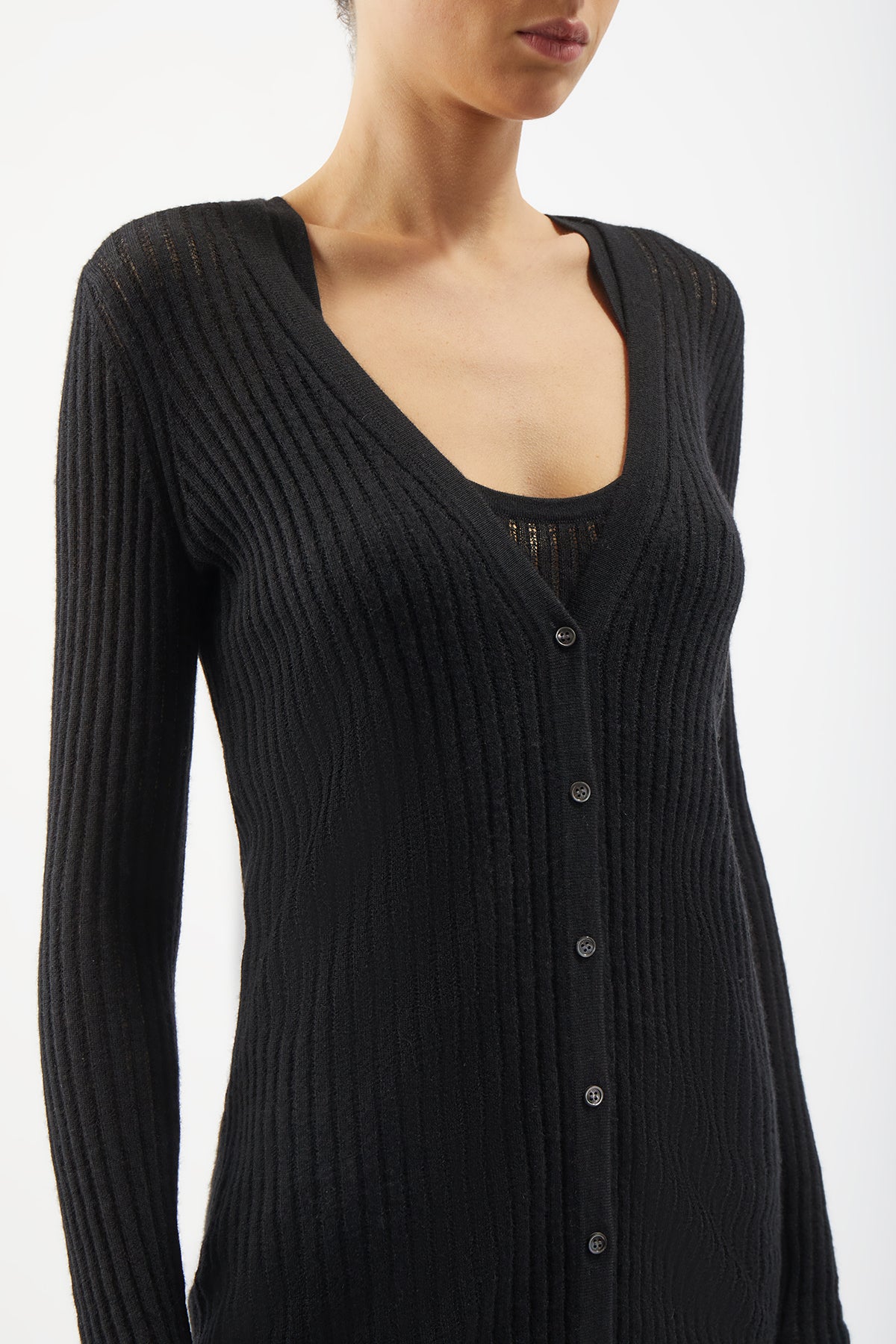 Emma Pointelle Knit Cardigan in Black Cashmere Silk