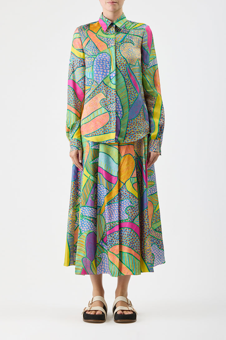 Henri Blouse in Green Multi Printed Silk Twill