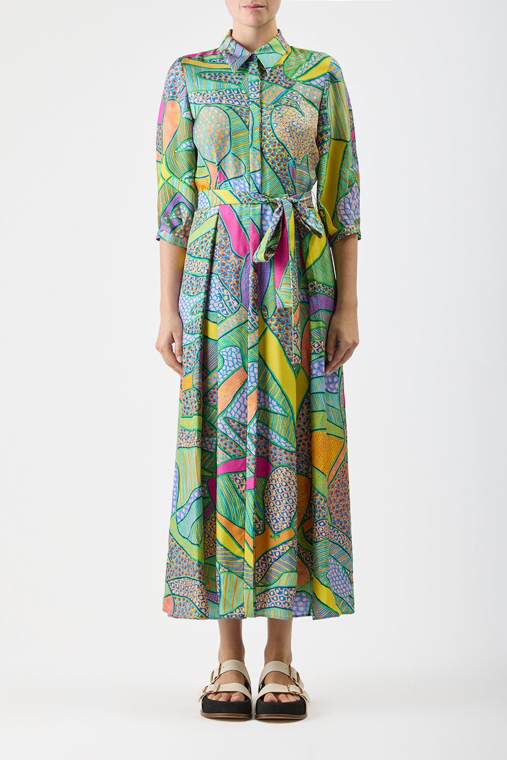 Andy Pleated Maxi Shirtdress in Green Multi Printed Silk Twill