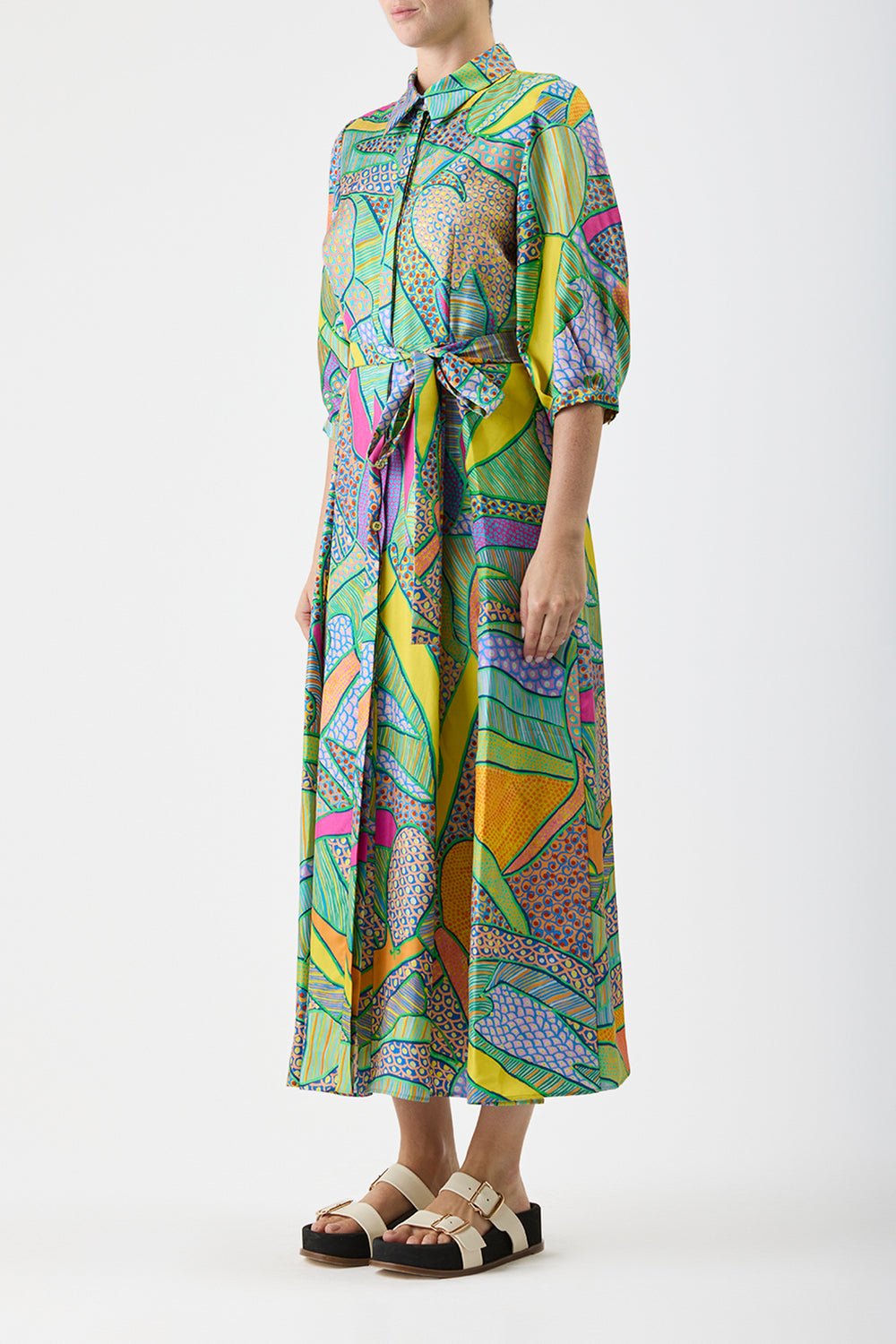 Andy Pleated Maxi Shirtdress in Green Multi Printed Silk Twill