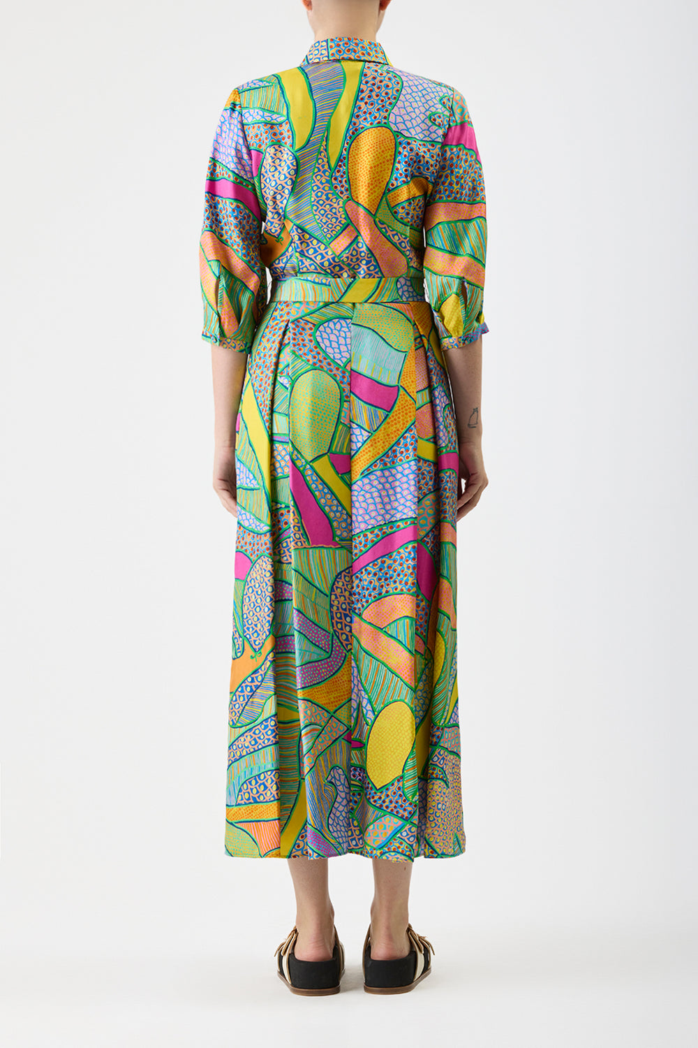 Andy Pleated Maxi Shirtdress in Green Multi Printed Silk Twill