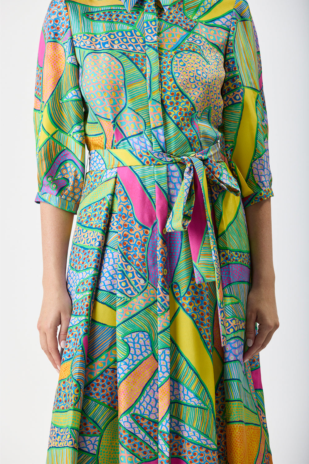 Andy Pleated Maxi Shirtdress in Green Multi Printed Silk Twill