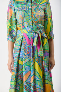 Andy Pleated Shirtdress in Green Multi Printed Silk Twill