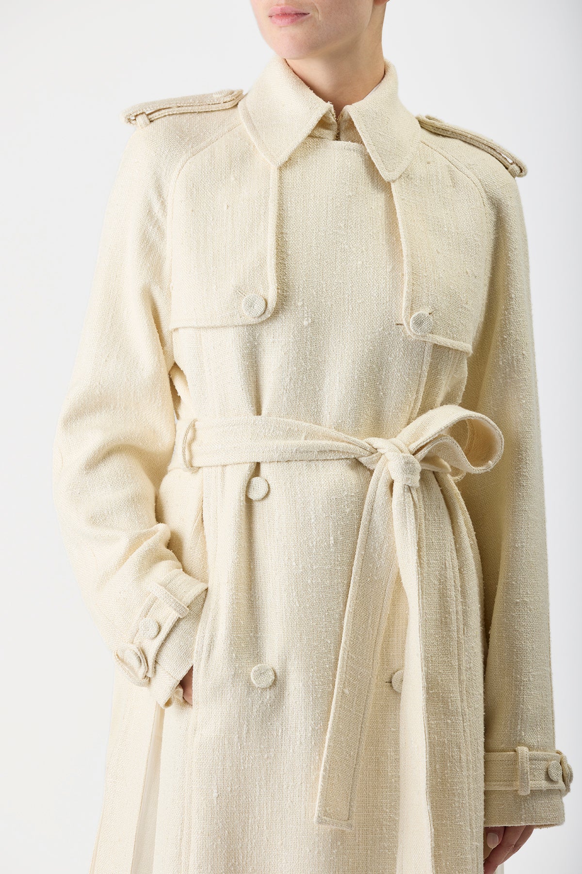 Eithne Trench Coat in Ivory Silk Wool Slub