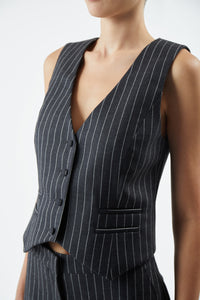 Zeta Vest in Grey Pinstripe Wool