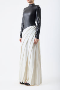 Aulay Pleated Dress in Black Leather & Cashmere Wool