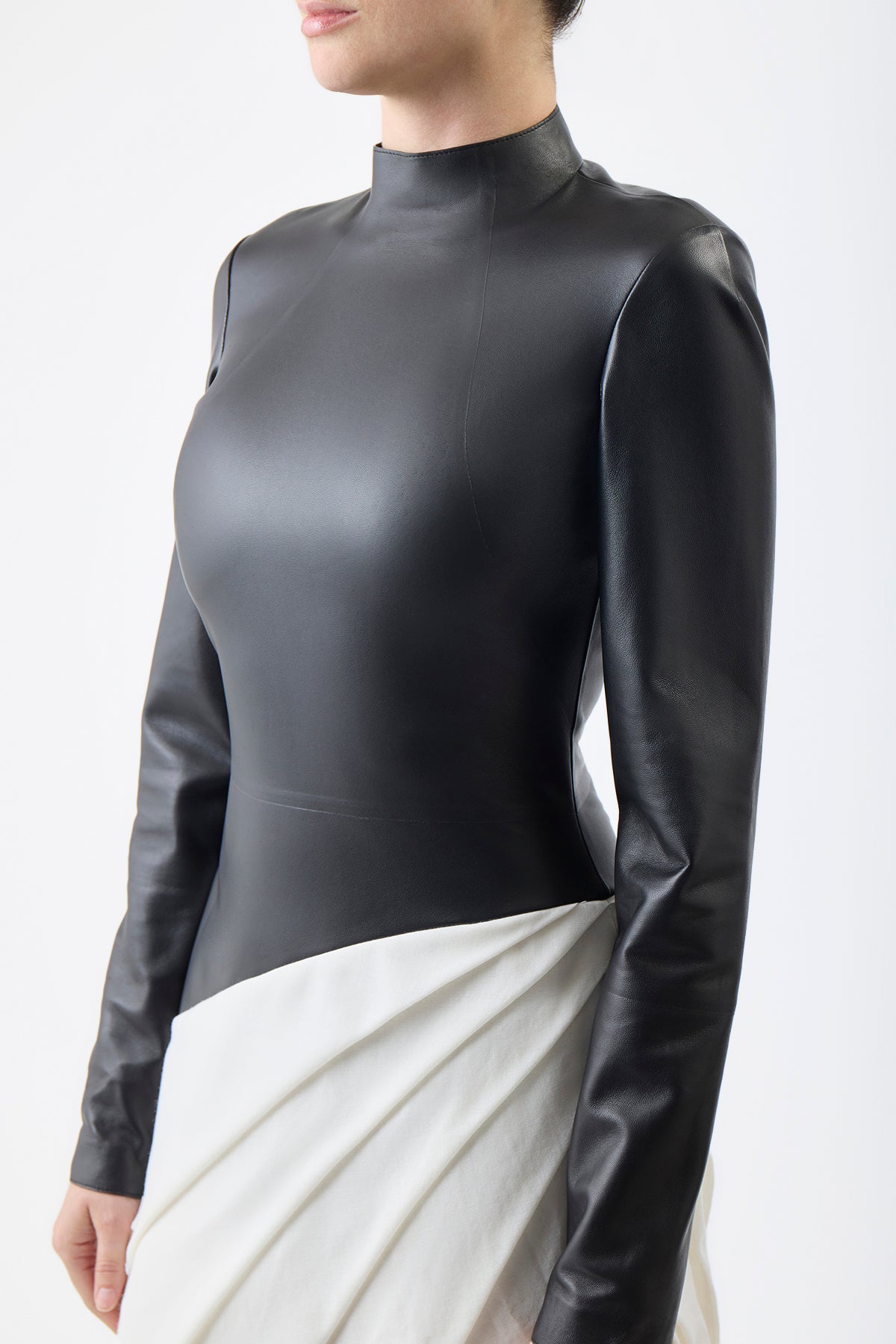 Aulay Pleated Dress in Black Leather & Cashmere Wool