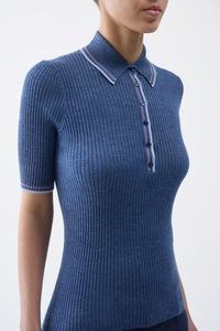 Perro Knit Polo in Denim Blue Cashmere Silk