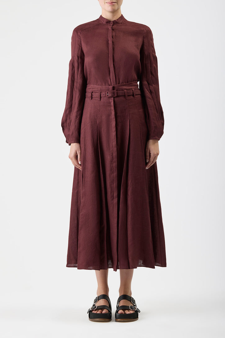 Dugald Pleated Midi Skirt in Deep Bordeaux Linen