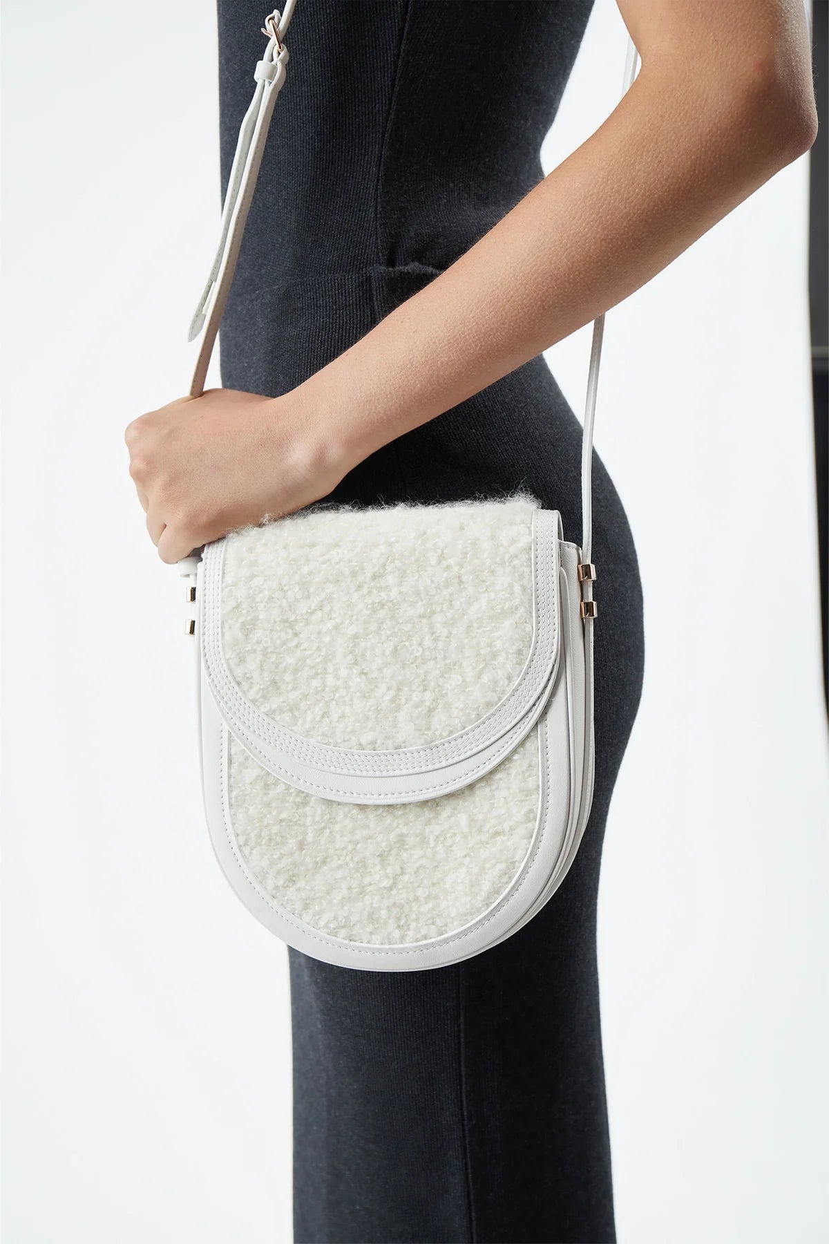 Tina Crossbody Bag in Ivory Nappa Leather with Recycled Cashmere Boucle