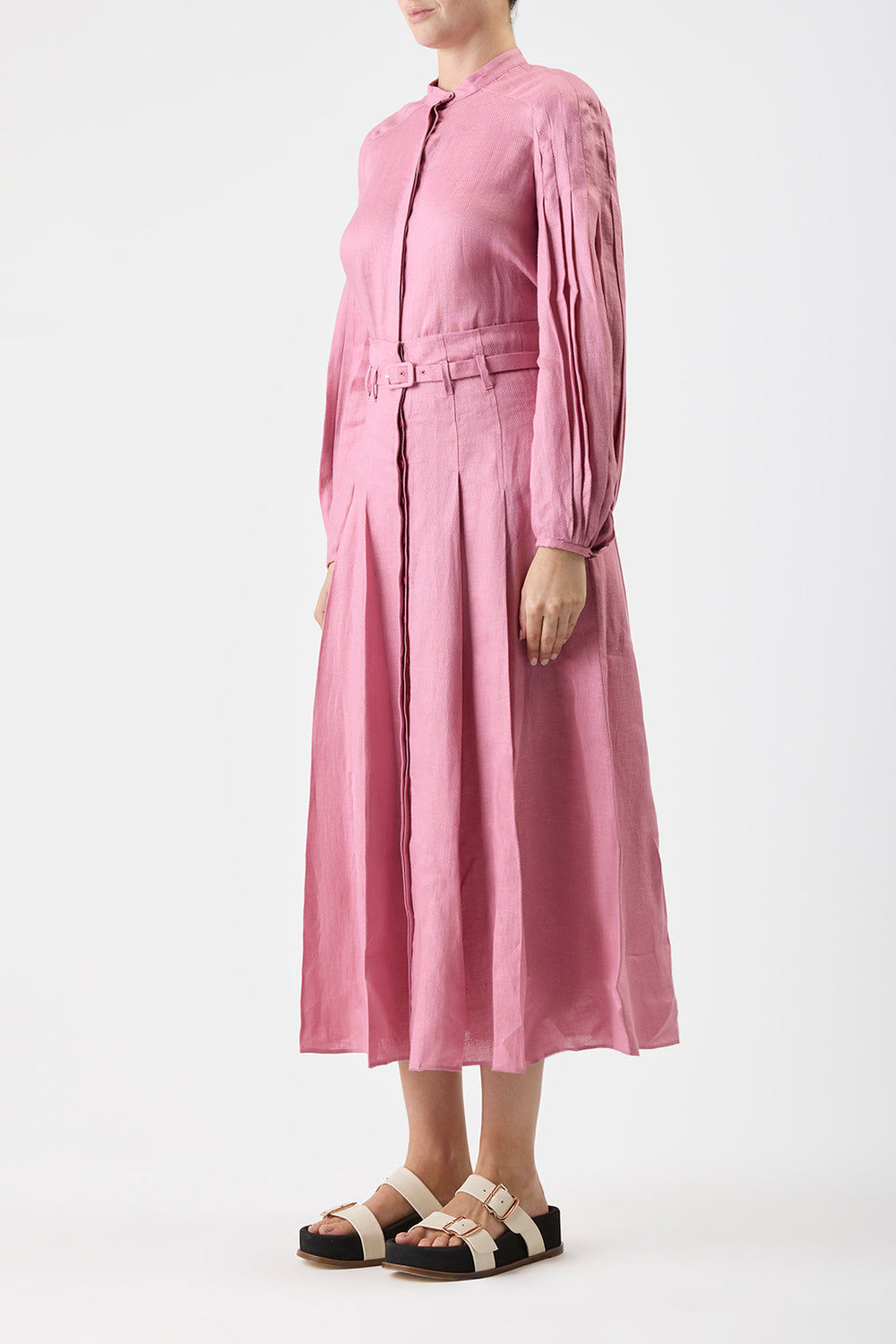 Dugald Pleated Midi Skirt in Rose Quartz Linen