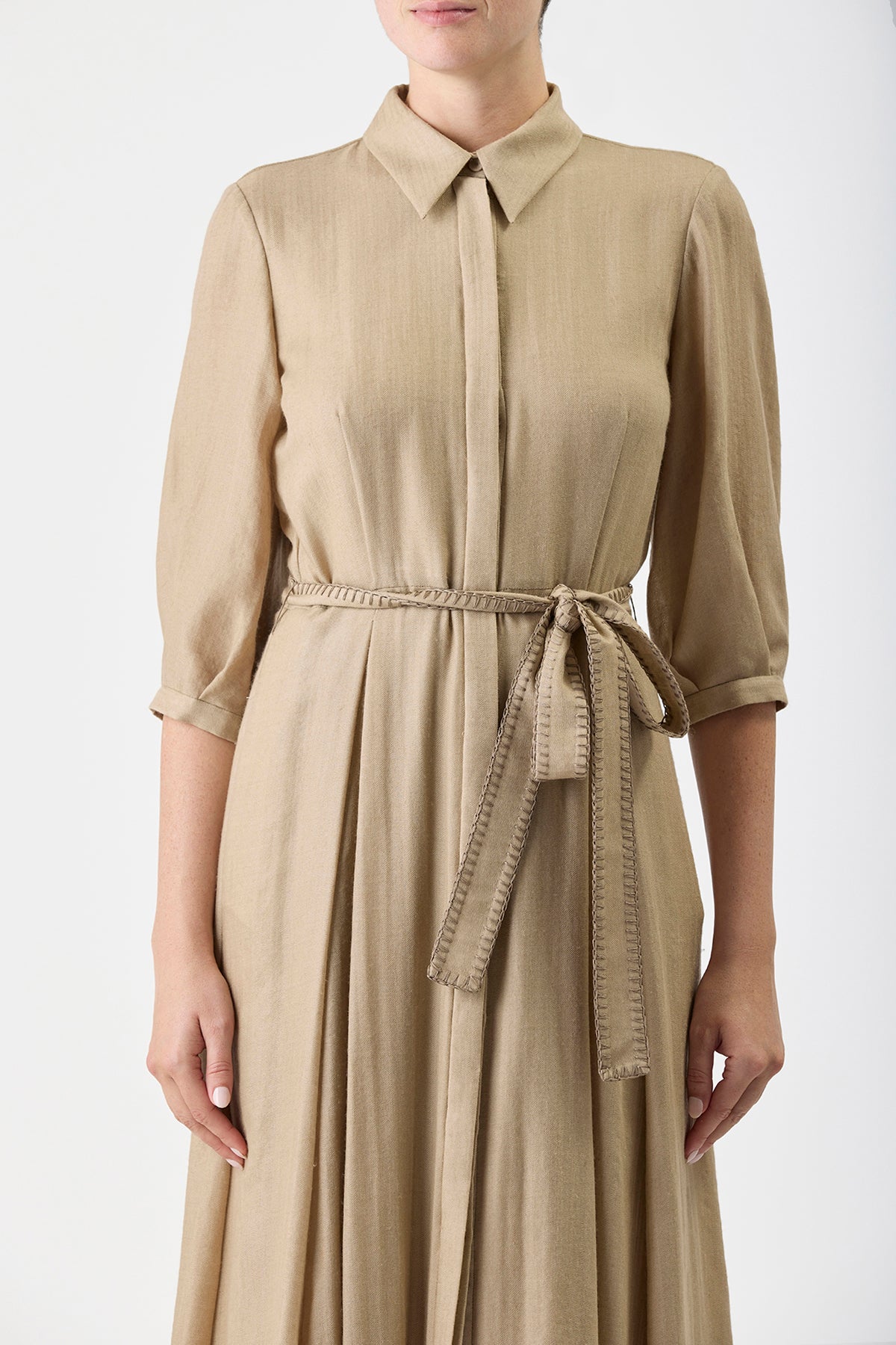 Andy Pleated Dress in Khaki Virgin Wool Cashmere