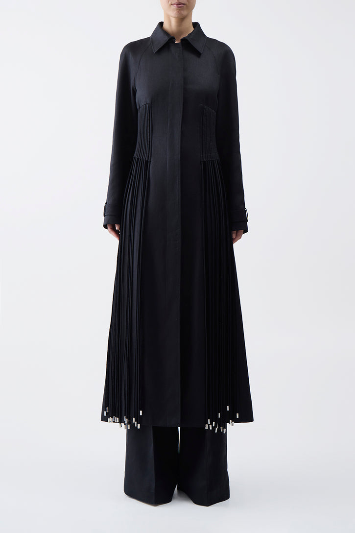 Torres Fringe Coat in Black Textured Linen