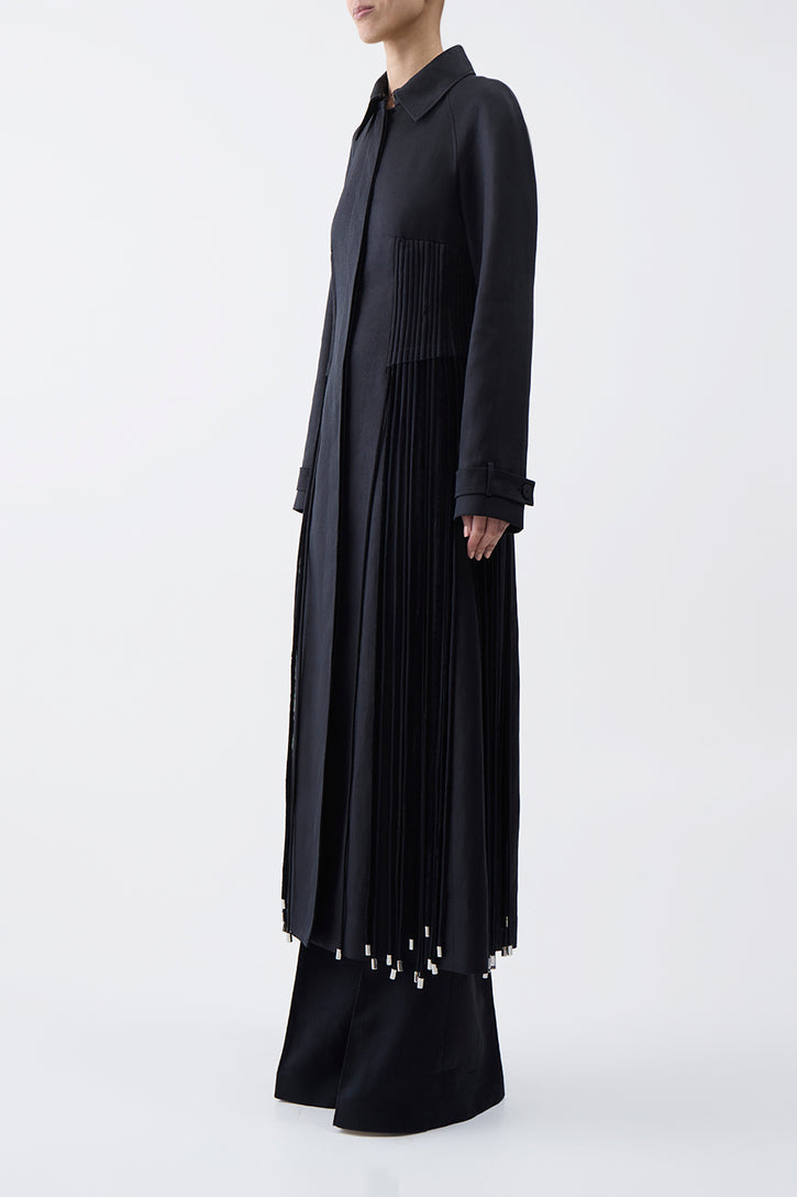 Torres Fringe Coat in Black Textured Linen