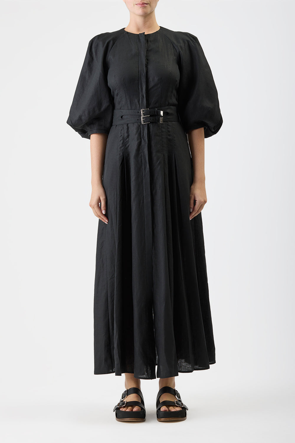 Elea Pleated Maxi Dress in Black Aloe Linen