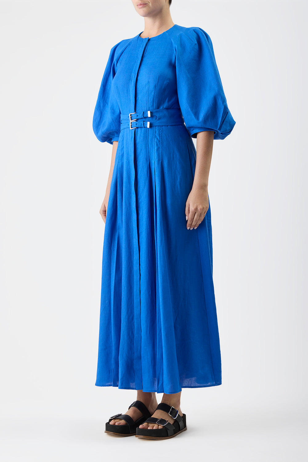 Elea Pleated Maxi Dress in Sapphire Aloe Linen