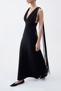 Renato Fringe Maxi Dress in Black Merino Wool