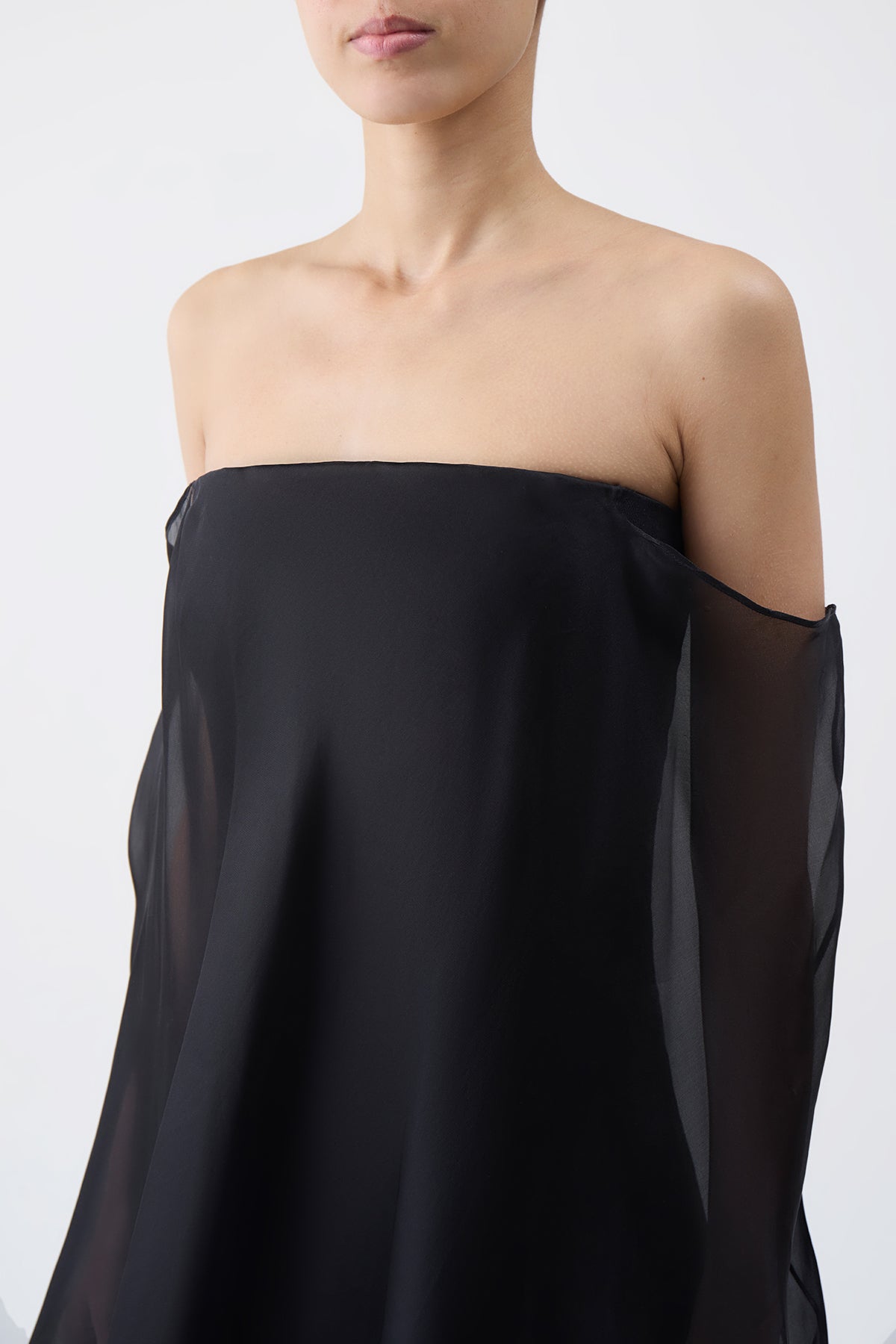 Marisha Dress in Black Textured Linen with Silk Organza Sheer Cape