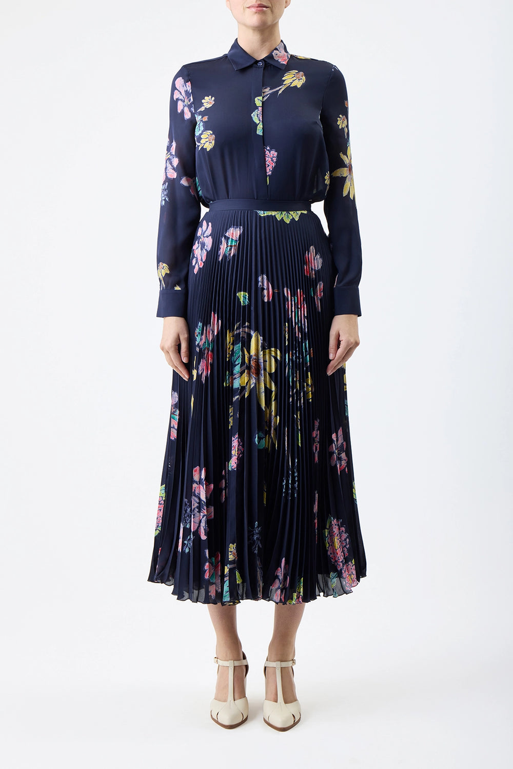 Eames Midi Skirt in Dark Navy Multi Printed Silk Georgette