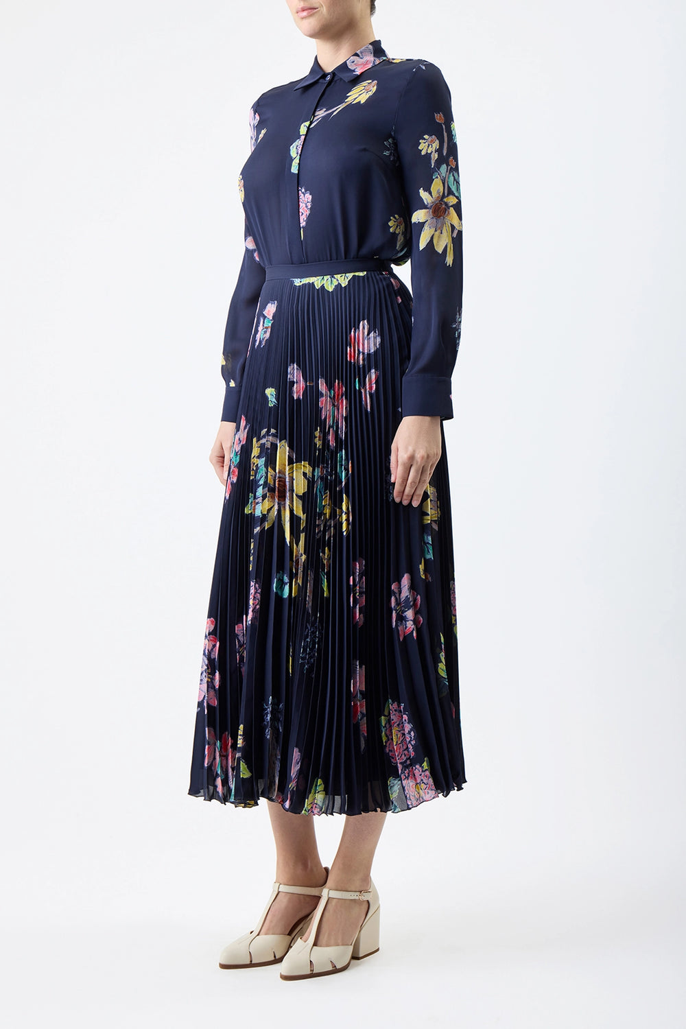 Eames Midi Skirt in Dark Navy Multi Printed Silk Georgette