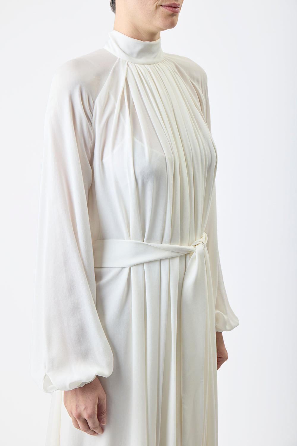Cedric Pleated Maxi Dress in Ivory Silk Georgette Twill
