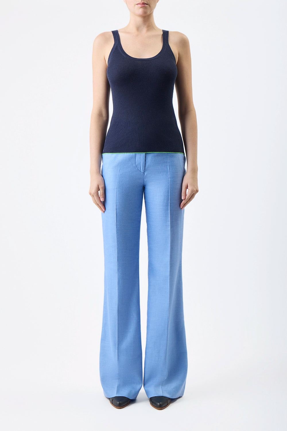 Vesta Pant in Light Blue Virgin Wool and Silk Linen Twill 