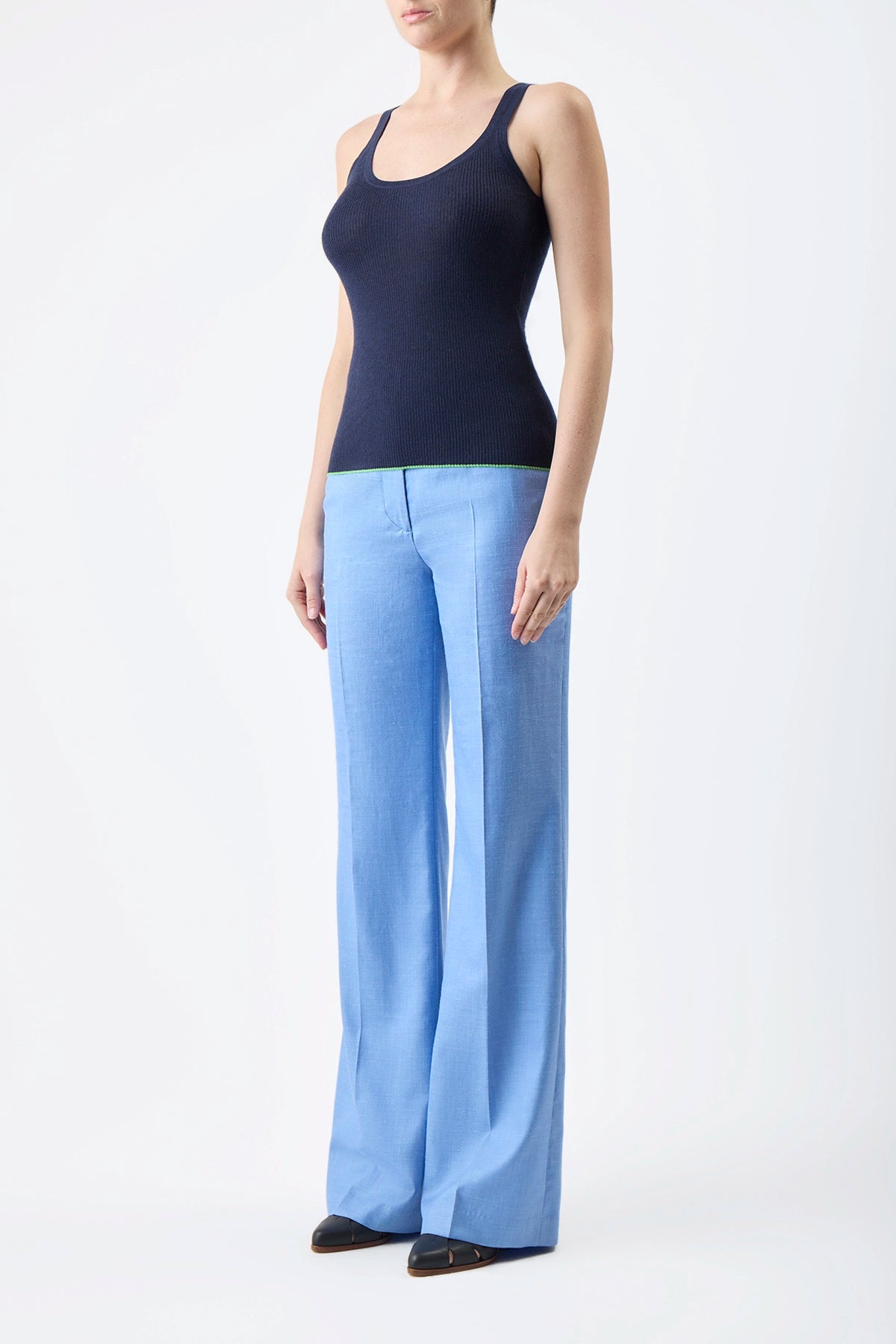 Vesta Pant in Light Blue Silk Wool and Linen Twill