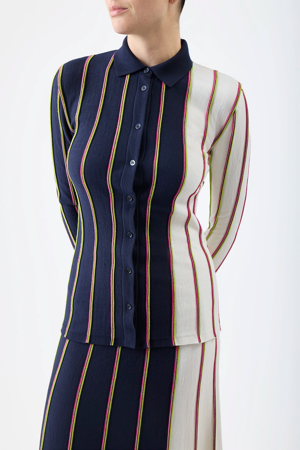 Tessa Knit Shirt in Navy Multi Striped Merino Wool