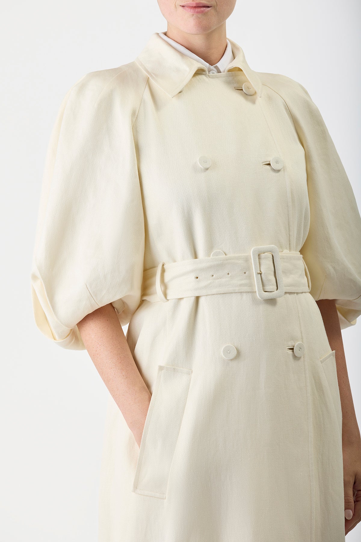 Iona Puff-Sleeve Trench Coat in Ivory Linen