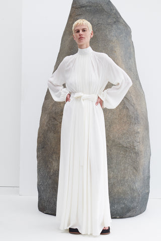 Cedric Pleated Dress in Ivory Silk Georgette Twill