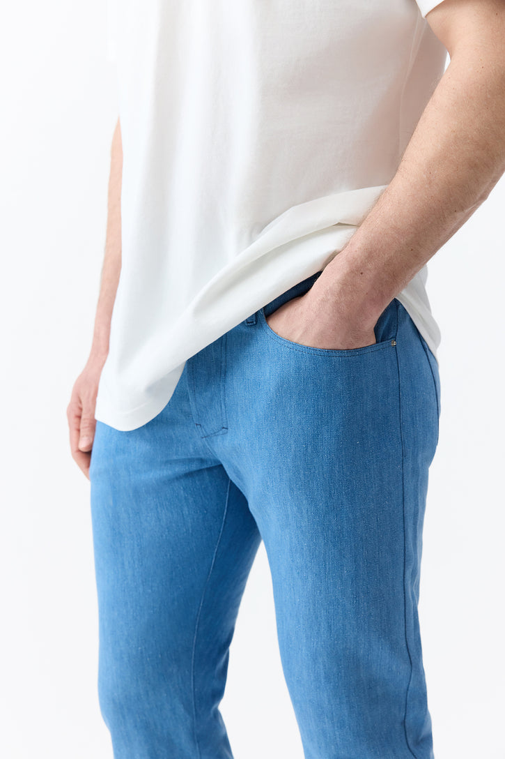 Anthony Five Pocket Pant in Light Blue Cotton Linen Denim