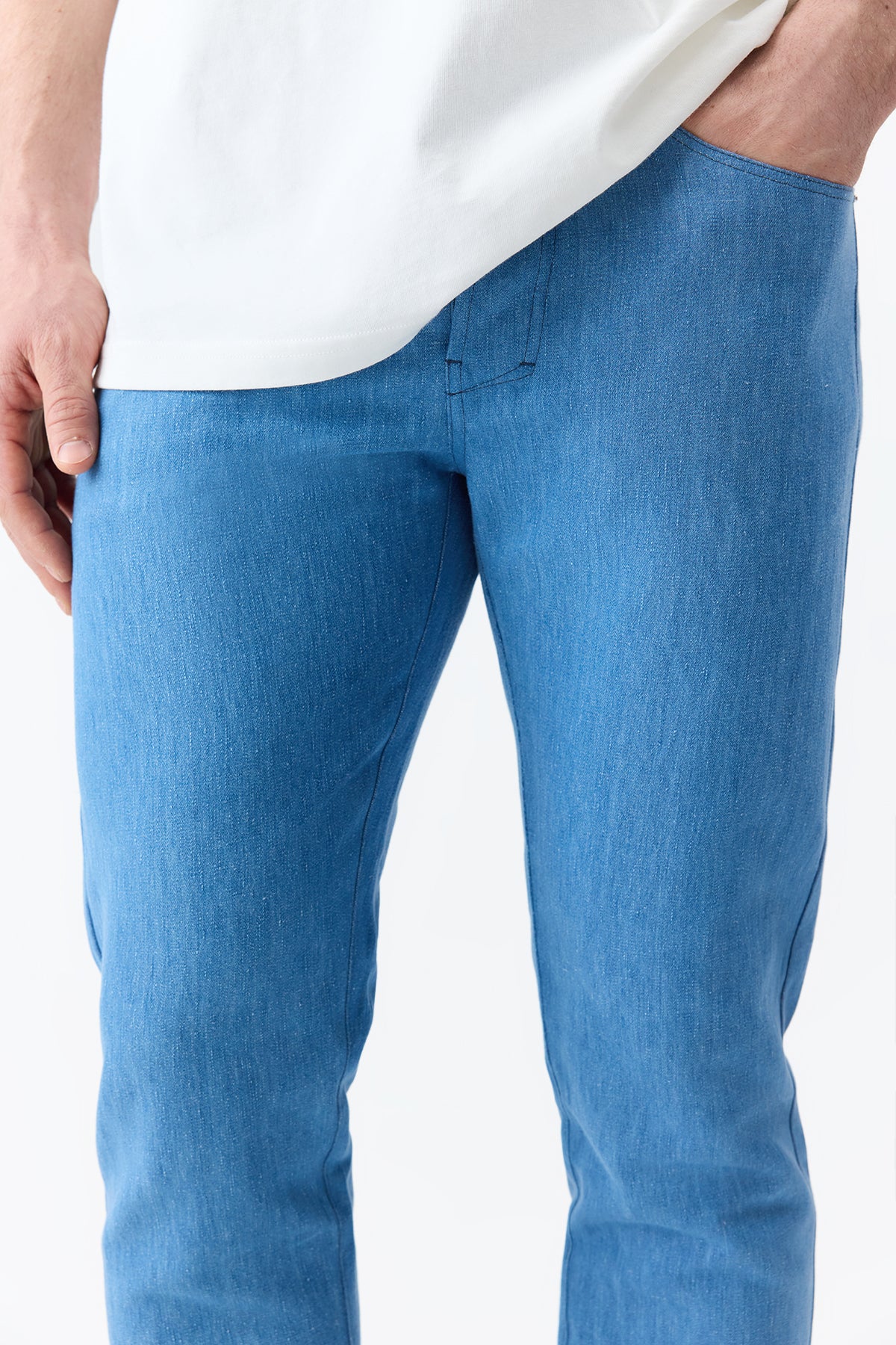 Anthony Five Pocket Pant in Light Blue Cotton Linen Denim