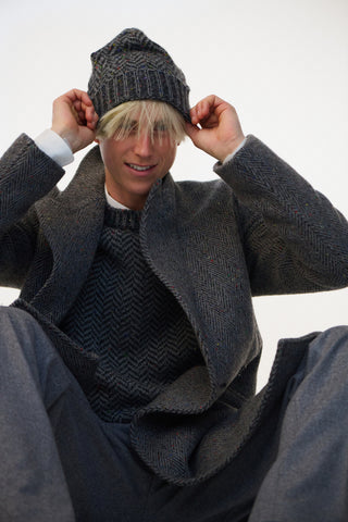 Stanza Fringe Knit Scarf in Charcoal Multi Speckled Aran Cashmere Herringbone