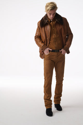 Grant Bomber Jacket in Cognac Vachetta Leather with Recycled Fur Collar