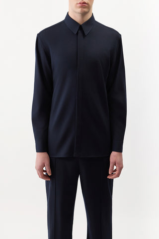Dark Navy Virgin Wool Nicolas Shirt - Front View On Model | Gabriela Hearst