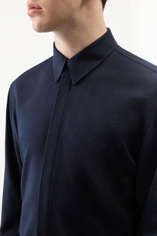 Dark Navy Virgin Wool Nicolas Shirt - Collar Detail Close-Up | Gabriela Hearst