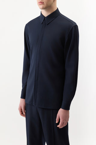 Dark Navy Virgin Wool Nicolas Shirt - Side Profile On Model | Gabriela Hearst